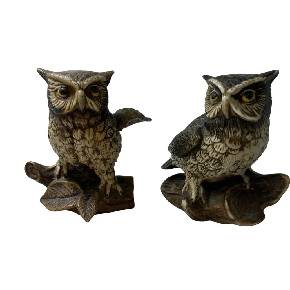 Vintage Homco Porcelain Owl On A Branch Figurines  5 X 4 Inches Set‎ Of 2